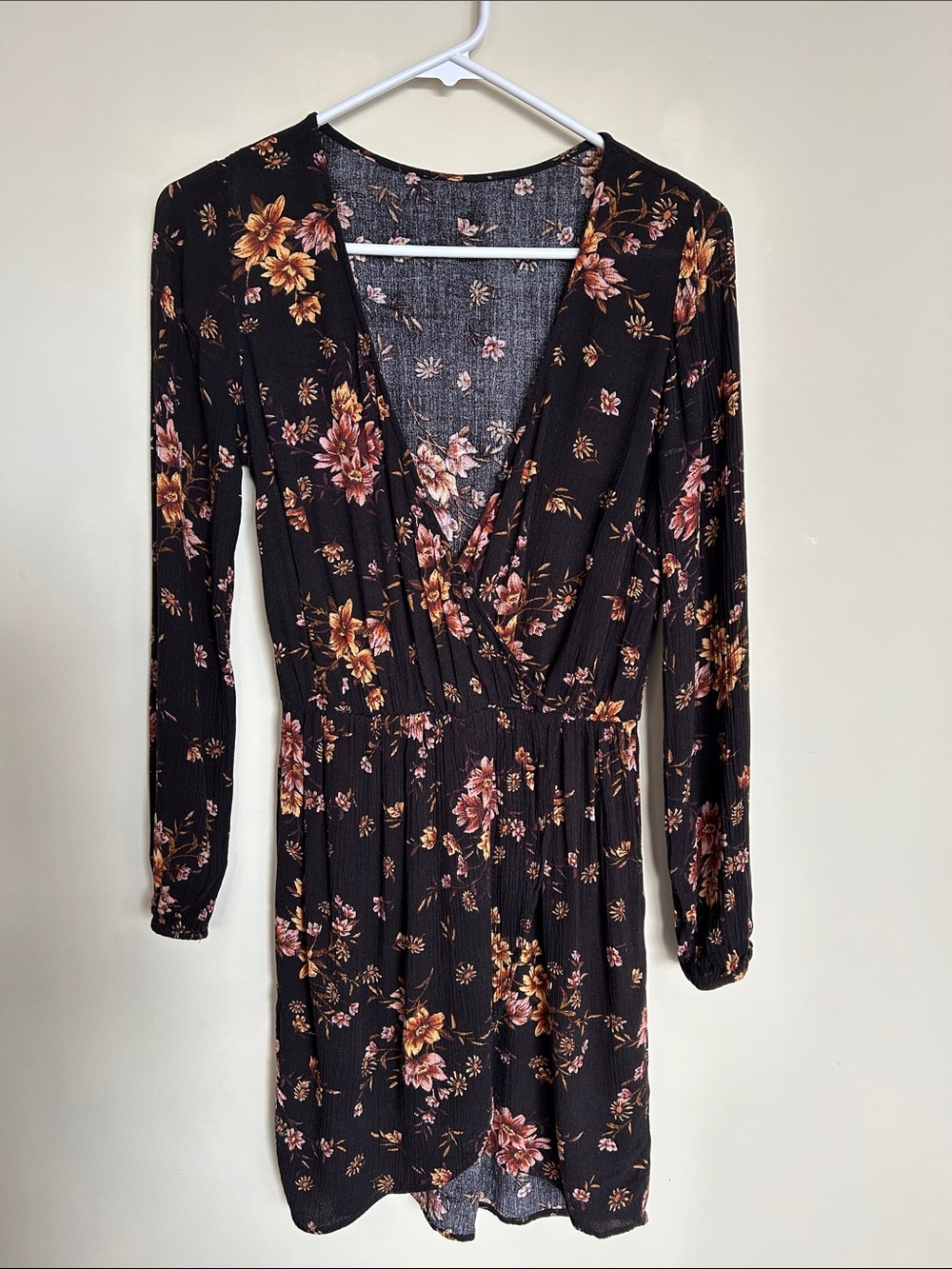Forever 21 Floral Wrap Black Long-Sleeve Dress, Size S